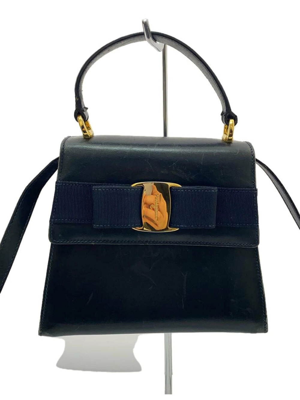 Salvatore Ferragamo Vara Shoulder Bag Leather Navy Blue Solid Overall